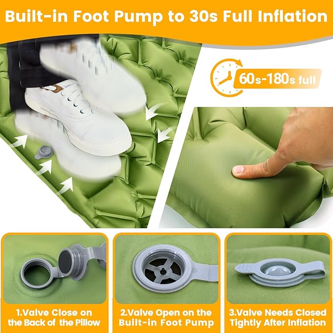 Double Sleeping Pad - Ultralight 4" Camp Mat with Integrated Foot Pump & Pillow for Effortless Camping, Backpacking & Travel, Comfort Camping Essentials