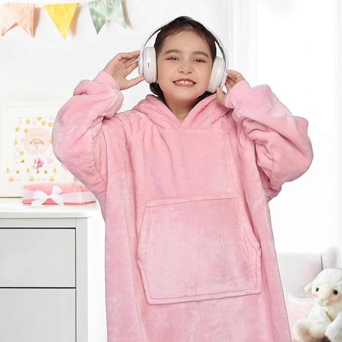 Waitu Wearable Blanket for Kids, Wearable Blanket Hoodie Gifts for Teens Girls and Boys, Warm Blanket Sweatshirt for Teenage, Hoodie Blanket with Sleeves - Bright Pink