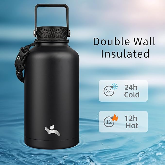 Konokyo Half Gallon Insulated Water Bottle with Straw,64 oz 3 Lids Water Jug with Carrying Bag,Paracord Handle,Double Wall Vacuum Stainless Steel Metal Flask,Black