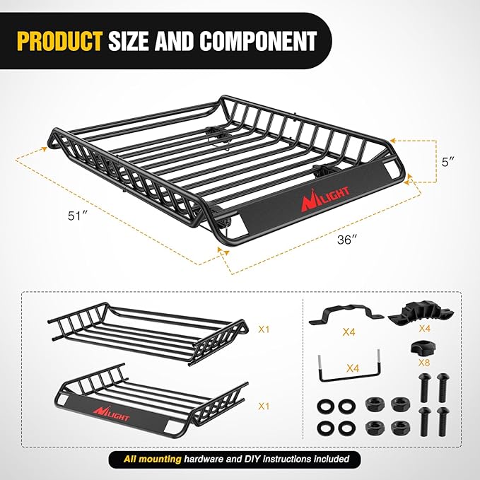 Nilight 51" X 36" X 5" Universal Roof Rack Cargo Basket Heavy-Duty 200LBS Capacity Rooftop Cargo Carrier Luggage Holder & Soft Waterproof|Cargo Bag|Net|Ratchet Straps for SUV Truck Vehicle
