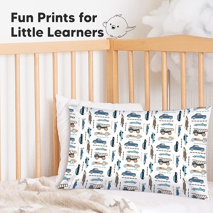 KeaBabies Toddler Pillowcase 13"x18" - Organic Cotton Toddler Pillowcase for Kids, Boys, Girls, Soft & Durable Cotton Cover for Miniature Sleepy Pillows, Cute Colors, Pillow Sold Separately (Vroom)