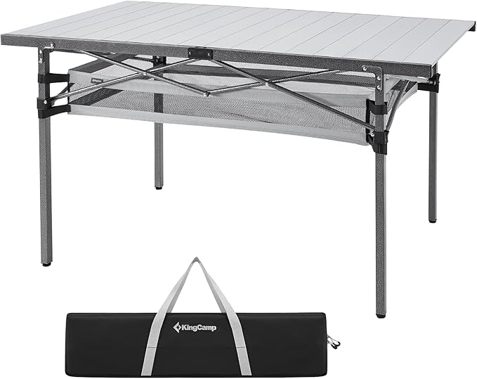 KingCamp Folding Camping Table, Aluminum Roll-Up Camp Table, Large Foldable Table for 4-6 Person, Outdoor Portable Tables with Carry Bag, 180 LBS Heavy Duty Load (Silver+Mesh：53.5" × 27.5")