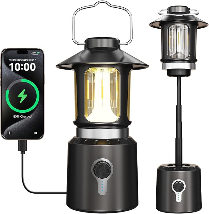 Telescopic Camping Lights Rechargeable,8000mAh Retro Classic LED Camping Lantern,3 Light Modes,Cordless Dimmable Camping Tent Lamp Portable Power Supply IPX4 Waterproof,Light for Indoor & Outdoor