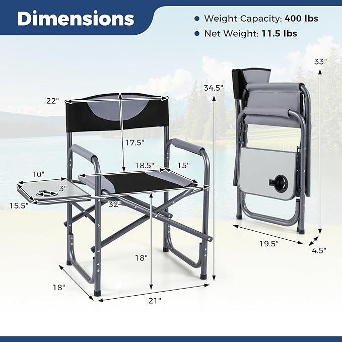 COSTWAY Folding Camping Chair, Lightweight Portable Directors Chair w/Side Table & Cup Holder, Padded Outdoor Heavy Duty Lawn Chair for Fishing, Picnic, Sports, Beach, Max Load 400 lbs (Black,2)