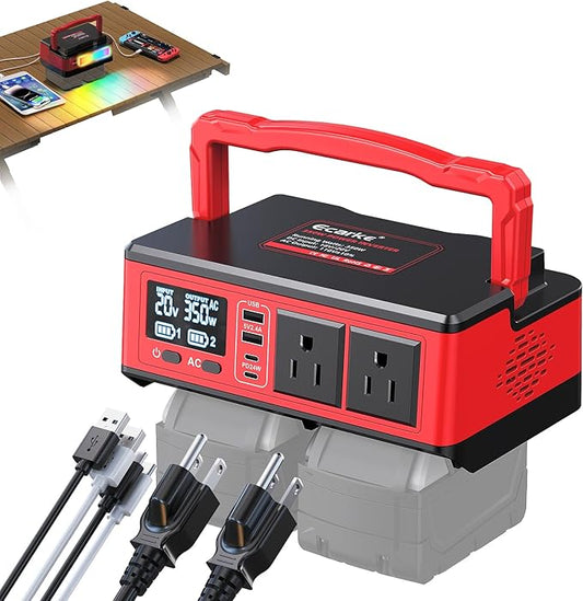 Ecarke 350W Portable Power Inverter Compatible with Milwaukee 18V Battery, DC 20V to AC 110V Power Station with 2 AC Outlets, 2 USB, 2 Type-C & RGB LED Light, for Outdoor Emergency Use (No Battery)