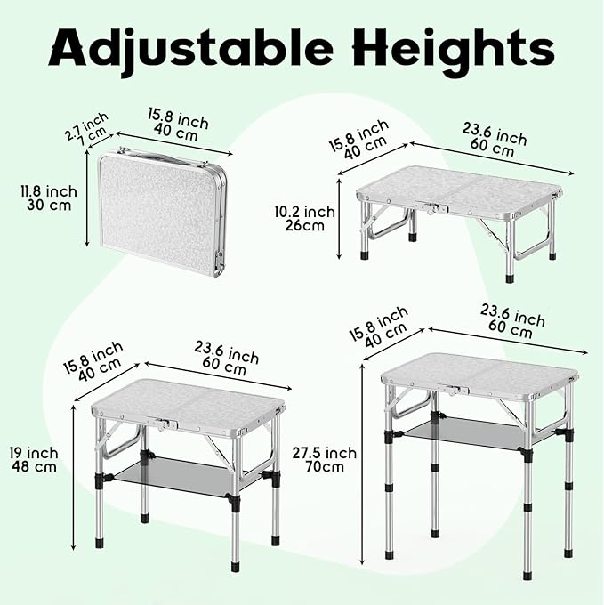 YihuiKo Folding Camping Table, Aluminum 24" x 16" Adjustable Height Max 27.5" with Carrying Handle, Lightweight, Portable Camping Table for Outdoor Indoor Picnic Beach, Silver