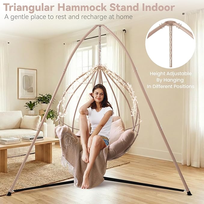 Hammock Chair Stand for Multi-Use, Heavy-Duty Hammock Chair Stand for Indoor & Outdoor, with Height Adjustable Triangular Design, 330 lbs Capacity Hanging Chair Stand, Stand Only - Brown