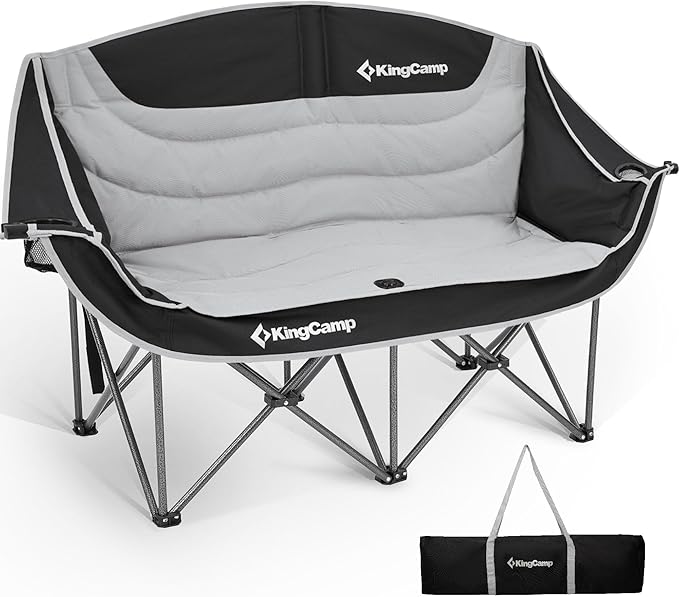 KingCamp Oversized Double Camping Chair, Heavy Duty 880lbs with Padded Seat & Cup Holders, 2 Person Loveseat Perfect for Outdoor Sports Family and Couples, Ideal for Lawn and Backyard, Black/Grey