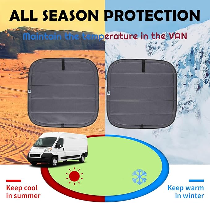 Magnetic Insulated Rear Door Window Covers (Pair) for 2014–2026 RAM ProMaster Vans (Fits Bare Metal Window Frames), Blackout Privacy Sun Shades for Stealth Camping – Dark Gray