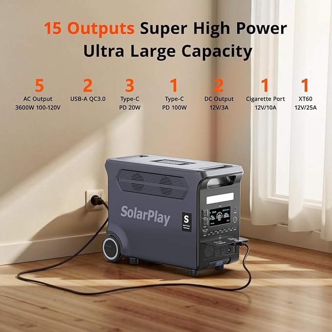 SolarPlay Portable Power Station 3600W (5500W Peak), 3840Wh Solar Generator with 400W Solar Panel, LiFePO4 Battery, 2Hrs Fast Charging, Adjustable, UPS with AC output for Home Camping