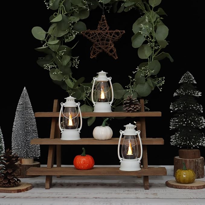 White Mini Lanterns Decorative 6-Pcs for Wedding & Ramadan, Eid, Small Elegant Lantern with LED Light for Western Cowboy Parties, Camping Baby Shower Birthday Party, Centerpiece Table