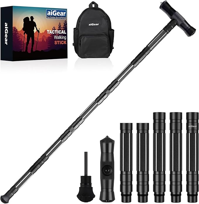 aiGear G2 Tactical Stick Hiking Walking Staff - Trekking Poles Outdoor Adjustable Hiking Stick for Camping Hiking 5-8 Tubes（with Multitool）