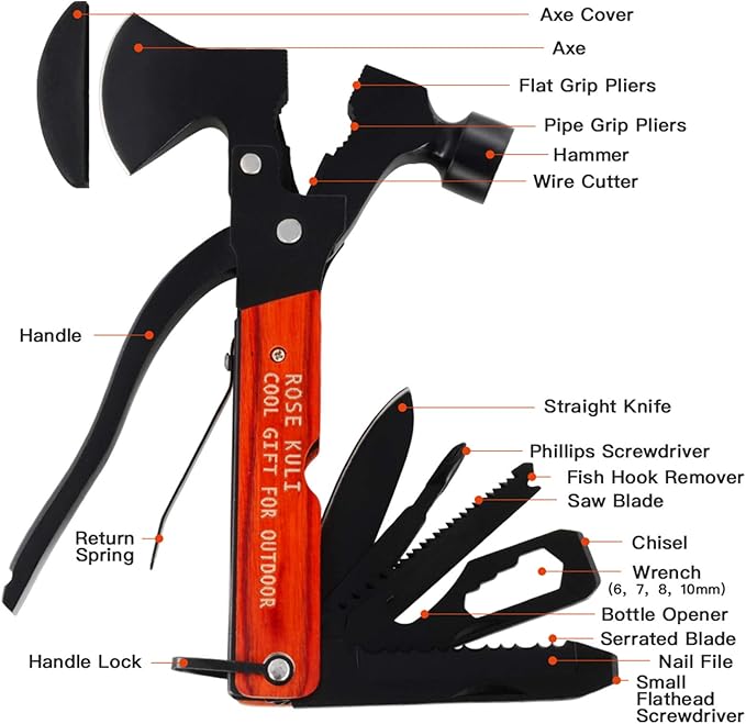 Camping Multitool Axe Hammer, 18 in 1 Multitool Hatchet Multitool Camping Tools Accessories Saw Screwdrivers Pliers for Outdoor, Hiking, Birthday Gifts for Men