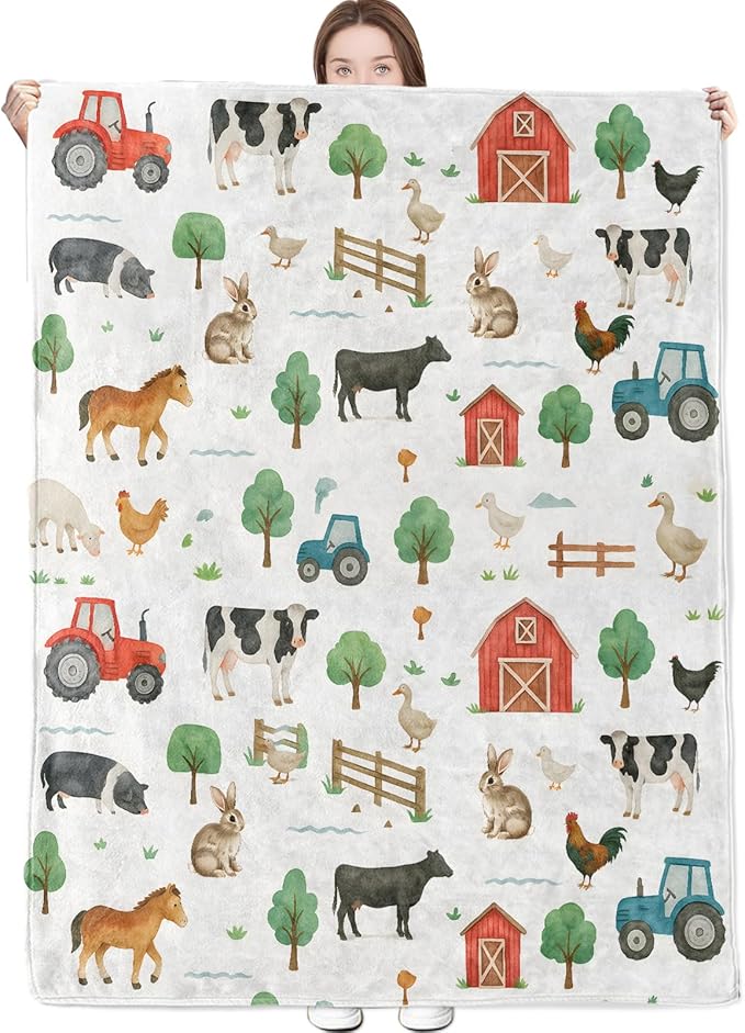 Farmhouse Blanket Cute Farm Pattern with Cow Horse Tractor and Barn Throw Blankets Lightweight Flannel Throws for Camping Couch Office Bed Country Home Decor Gifts for Adults,50x40inch