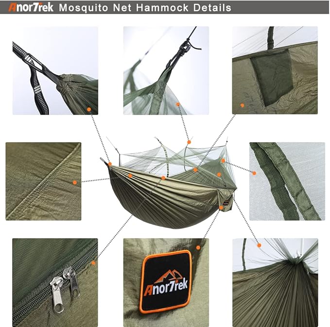 AnorTrek Camping Hammock with Mosquito Net, Double & Single Lightweight Portable Hammocks with Tree Straps, Parachute Hammock for Camping, Backpacking
