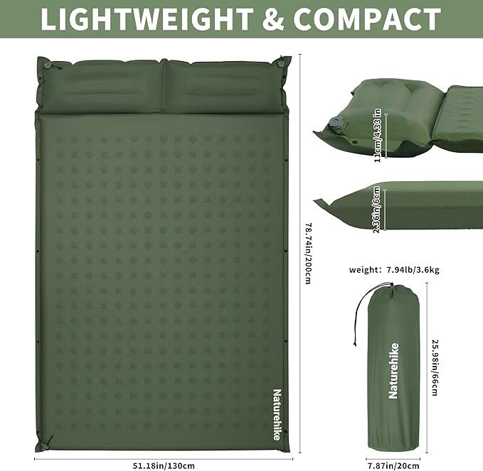 Naturehike Connectable Double Self Inflating Sleeping Pad, 2.36" Memory Foam Camping Pad, Backpacking Camping Mattress Pad for Tent, Travel, Car, Hammock