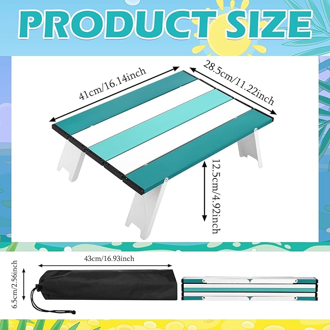 CroBlissful Beach Table Folding Camping Portable Table Striped White Aluminum Side with Carry Bag for Camping Picnics and Outdoor Activities(16x11x5 in,Mint Green)