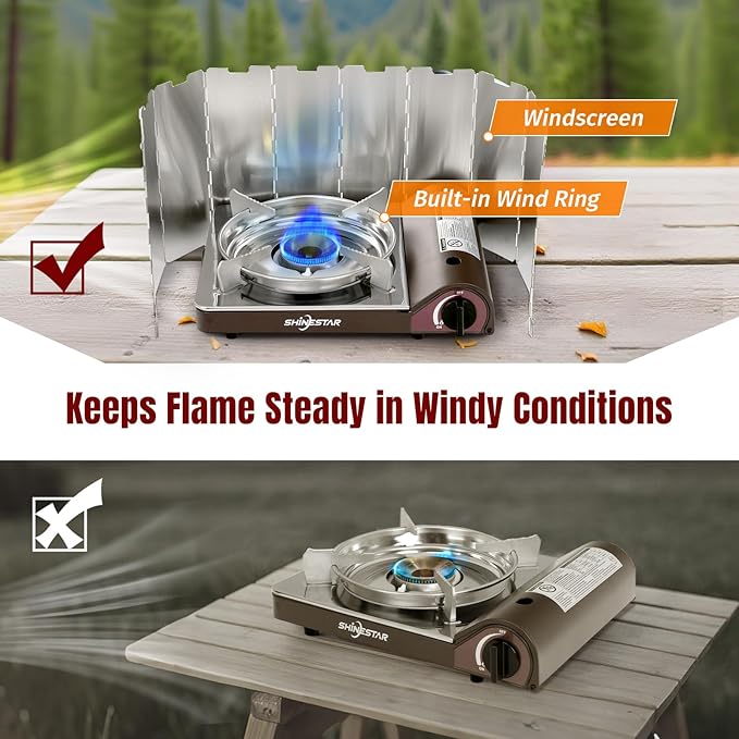 SHINESTAR 14000 BTU Butane Camping Stove, Portable Butane Stove with Brass Burner, One-Touch Piezo Ignition, Magnetic Safety Lock & Double Wind-Guard, Portable Gas Stove for Camping, RV, Emergencies