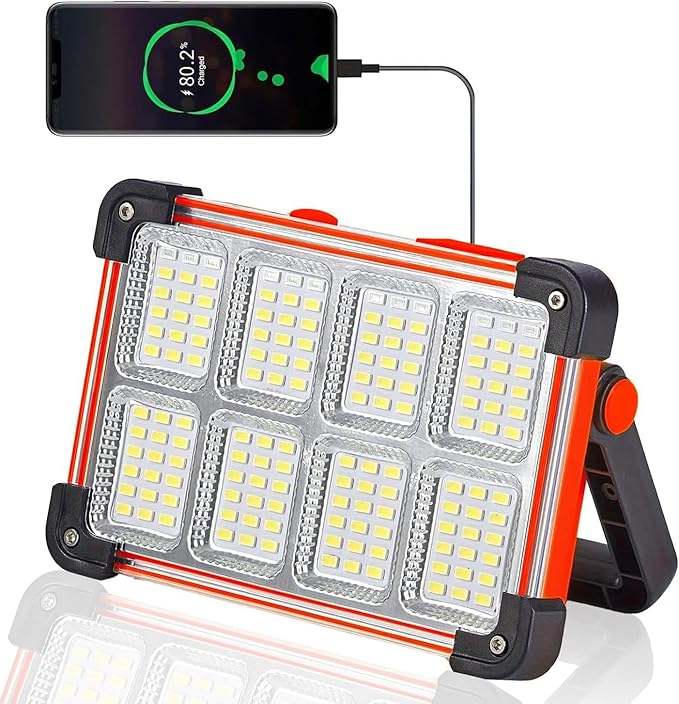 Vcwtty 120W LED Solar Work Light, 144 LED 10000LM Portable Flood Light with Stand, Orange 4 Modes Rechargeable, IP65 Waterproof Outdoor Working Light for Camping, Fishing, Car Repair & Mechanics (1)