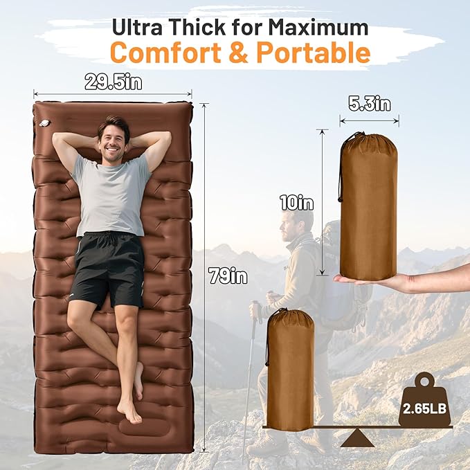 KASBAH Camping Sleeping Pad,Extra Wide 6 inch Thick Inflatable Sleeping Pads with Built-in Foot Pump and Pillow,Ultralight Camping Mat Gear for Outdoor Hiking,Camping