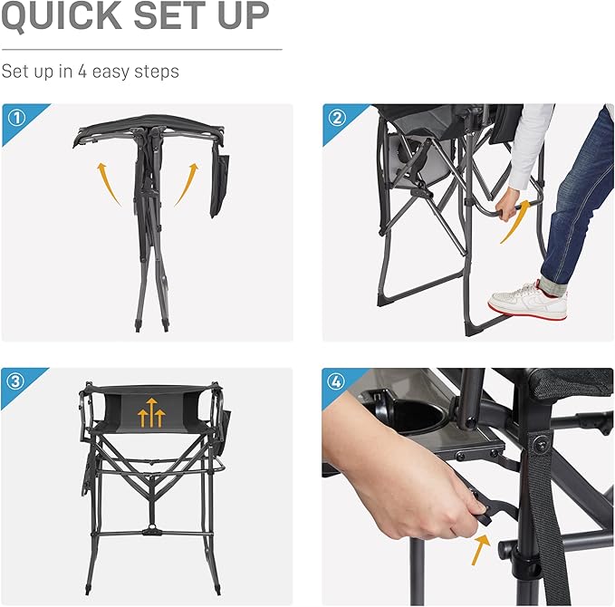 EVER ADVANCED Portable 30.7" Seat Height Tall Folding Camping Chair Directors Chair High Foldable Bar Stool with Side Table for Makeup Artist, Sports Event, Craft Show, Supports 350LBS