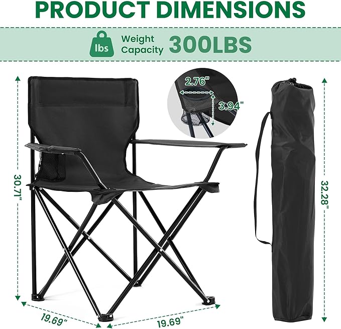 2-Pack Foldable Camping Chairs with Cup Holder, 300LB Lawn Portable Folding Chairs for Adults, Lightweight Outdoor Beach Chairs with Carry Bag for Camp, Fishing, Sports (Black)