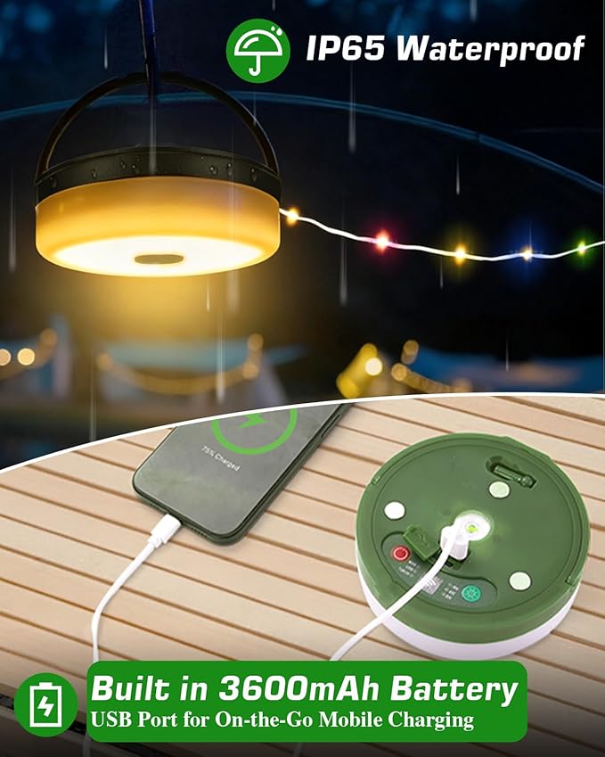 Anpro Camping String Lights 4 in 1: 32.8 Ft String with Warm White 130 LEDs, USB Rechargeable with Remote Control, Adjustable Brightness, 6 Light Modes, Portable IP65 Camping Light for Outdoor