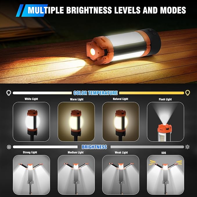 AKOFUN 12000mAh Camping Light with Stand, Rechargeable Work Light, 10000 Lumen Dimmable Cordless Work Light with 3 LED Lamp Heads, Magnetic Emergency Flashlight with 79" Detachable Tripod