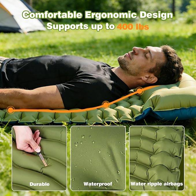 Camping Sleeping Pad, Camping Mat Thick Ultralight with Pillow, Built-in Foot Pump Self Inflating Sleeping Pad for Camping, Compact Camping Pad for Hiking, Backpacking, Travel Tent