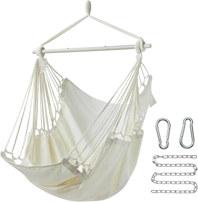 CHULIM Hanging Hammock Chair Swing MAX 500 lbs Outdoor Hanging Chair with Footrest Indoor Swing Chair with Portable Steel Spreader Bar and Hardware Kit for Bedroom Living Room Patio Porch - White