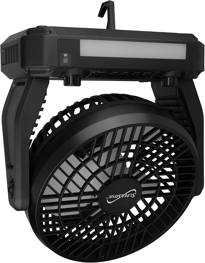 Supersonic SC-1076ERF Solar Powered Portable Fan with 6-Inch Fan Diameter, Adjustable 3 Wind Speed, Foldable Hanger Hook, LED Flashlight, Bluetooth, FM Radio, AUXUSB/mSD Inputs