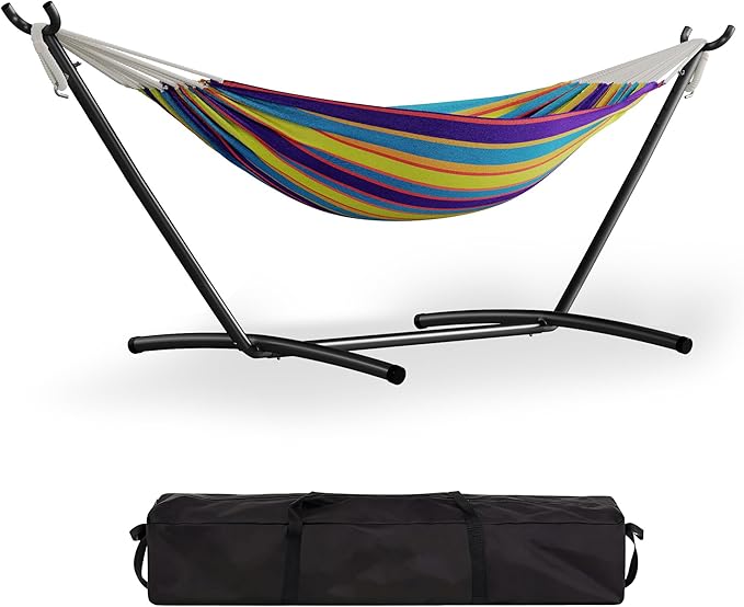 Garvee Double Hammock with Foldable Steel Stand and Carry Bag – Indoor/Outdoor Standing Hammock, 450 LBS Capacity, for Garden, Camping, Beach (Tropical)