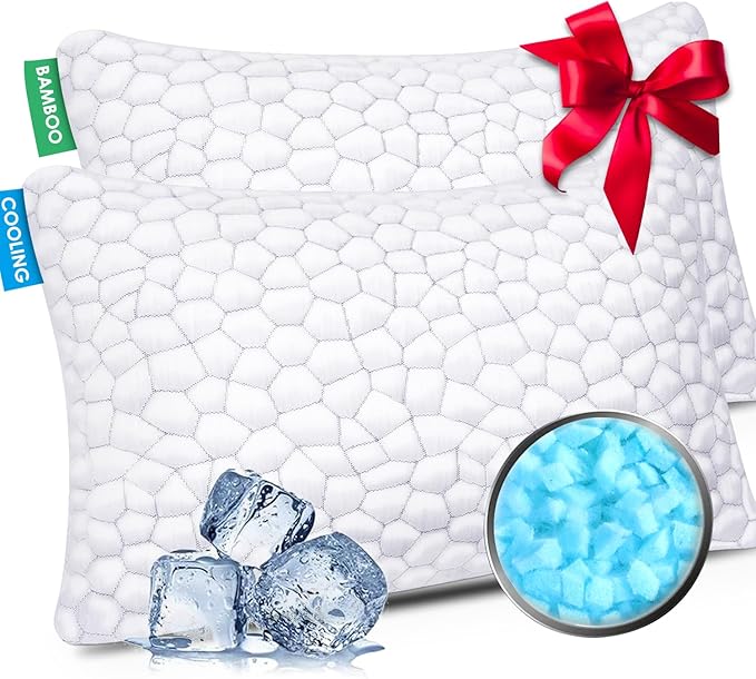 Cooling Pillow Standard Size Set of 2, Adjustable Bed Pillows for Sleeping, Luxury Shredded Memory Foam Pillows 2 Pack, Cool Soft Yet Supportive Firm Pillow for Side,Back,Stomach Sleepers, Hot Sleeper
