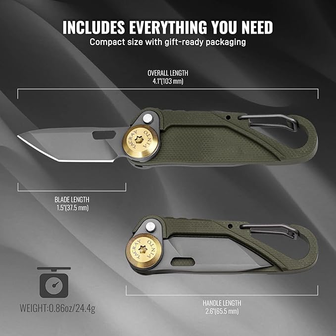 TACRAY Vinto 5-in-1 Small Pocket Knife – Ultra-Light Compact Multitool with Utility Knife, Seatbelt Cutter, Bottle Opener, Flathead Screwdriver & Keyring Attachment for Everyday Carry (Green)