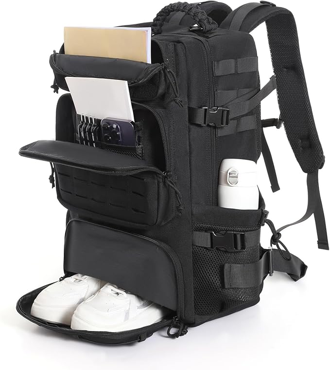 Tactical Backpack for Men, 35L Travel Military Backpack with Shoe Compartment, 1000D Water Resistant Molle Army Tactical Gear Assault Pack Bag Rucksack for Outdoor Survival Hiking Gym, Black