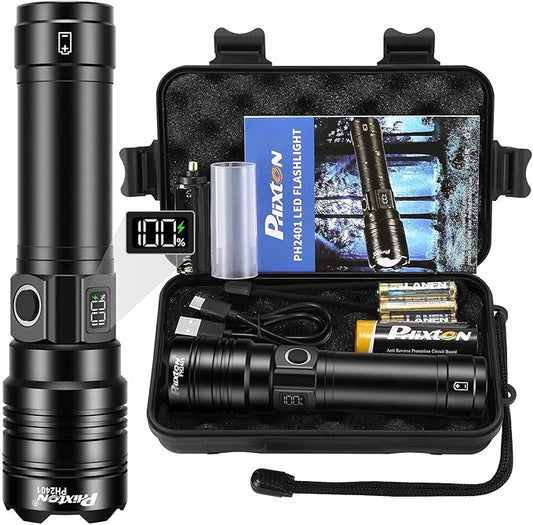 PHIXTON Rechargeable Flashlights 100000 High Lumens Long Range 3280 FT, Super Bright USB C LED Flashlight Long Lasting 15 Hours, Powerful Multifunctional Strong Flash Lights, for Camping