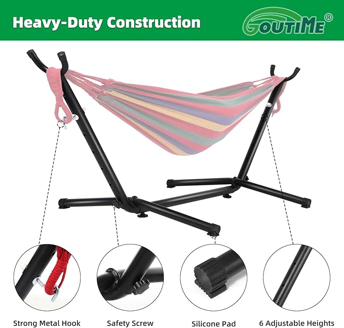 Goutime Children's Hammock with Stand, 220 lb Capacity, with Portable Carrying Bag, Kids Hammocks for Indoor, Outdoor, Patio, Deck, Yard, Beach (Red Stripe, Child Size)