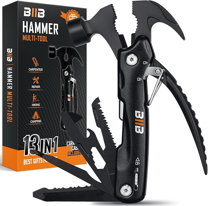 BIIB Gifts for Men, 13 in 1 Hammer Multitool Camping Accessories, Mens Gifts for Dad Him Boyfriend, Anniversary Birthday Gifts for Men Who Have Everything, Camping Survival Gear, Cool Gadgets