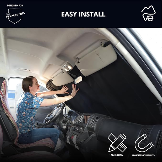 VanEssential Insulated Stealth Blackout Front Windshield Cover Designed for RAM Promaster Van Years 2014 to Current Model - Black