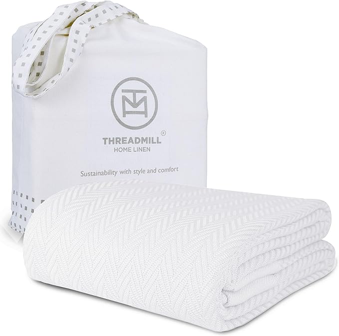 Threadmill Luxury Cotton Blankets for Twin Size Bed | All-Season 100% Cotton Twin Blanket for Bed | Herringbone Soft & Cozy Fall Thermal Blanket, 350GSM, 68x92 inches | White