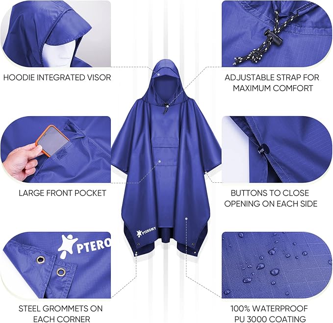 PTEROMY 3-in-1 Hooded Rain Poncho for Adult with Pocket, Waterproof Lightweight Unisex Raincoat for Hiking Camping Emergency
