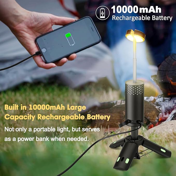 Camping Lights Rechargeable, Detachable Camping Lantern with Stand, Telescopic Waterproof Camp Lamp, Magnetic Work Hanging Light, LED Tent Flashlights for Emergency (Matte Black)