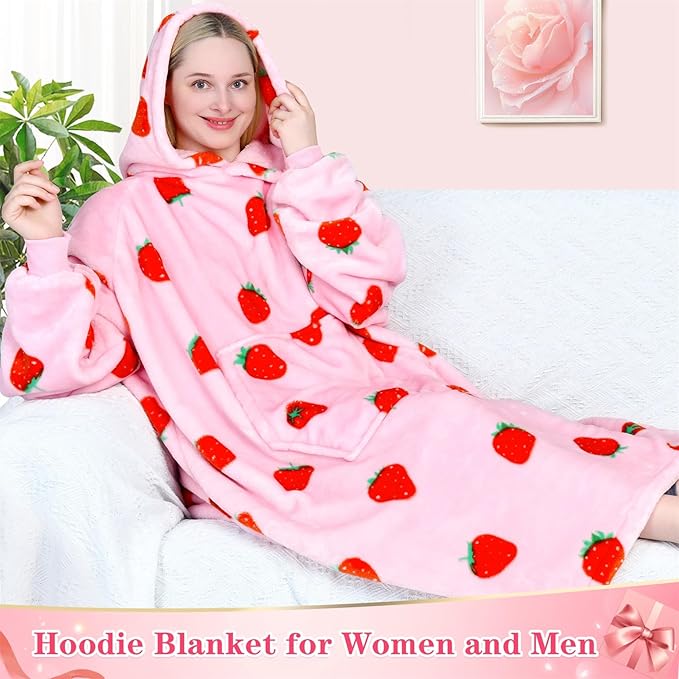 Waitu Wearable Blanket Sweatshirt Gifts for Women and Men, Warm and Cozy Giant Blanket Hoodie, Thick Flannel Blanket with Sleeves and Giant Pocket - Strawberry Pink