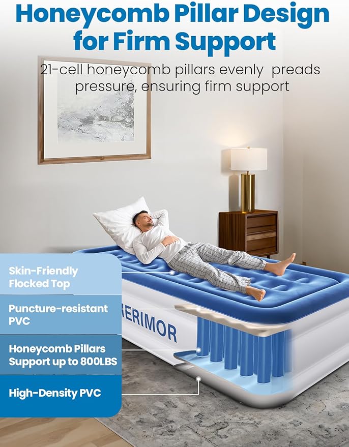 CHERIMOR Twin XL Air Mattress with Built-in Pump, 18" Raised Comfort, 80“ Length, 48Hr Leak-Proof Test, Upgraded Honeycomb Pillar Design, Supports 500 lbs, 2-Min Inflation for Home Guests-Blue