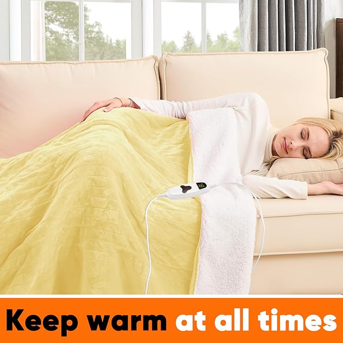 greenoak Heated Blanket Electric Twin 62"X84", Heating Blankets with 10 Levels 8 Hours Auto-Off, Soft Flannel Sherpa Fluffy House Warming Gifts for Grandma Seniors Mom,Cream Yellow