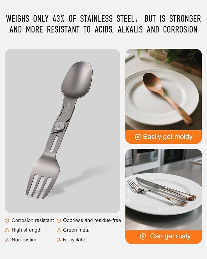 (2Pack) Titanium Spork 3 in 1 Folding Fork and Spoon Eco-Friendly Ultralight Camping Spork with Locking Function, Portable Flatware for Outdoor Camping Backpacking Hiking Travel Picnic Tableware