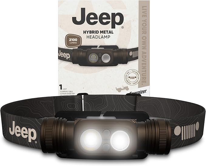 Energizer Jeep HM-2100 Headlamp Rechargeable, Hybrid Power Source Head Lamp, IPX4 Water-Resistant, Bright Rechargeable Headlamp, USB-C Cable Included