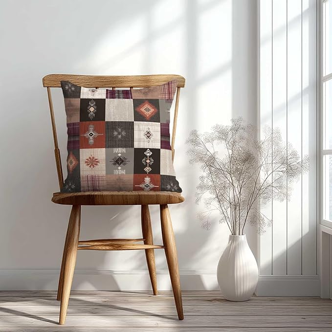 Southwestern Throw Pillow Covers 18x18 Set of 2 | Boho Tribal Patchwork Cushion Covers | Rustic Western Decorative Pillow Cases for Couch Sofa Living Room Bedroom | Bohemian Home Decor