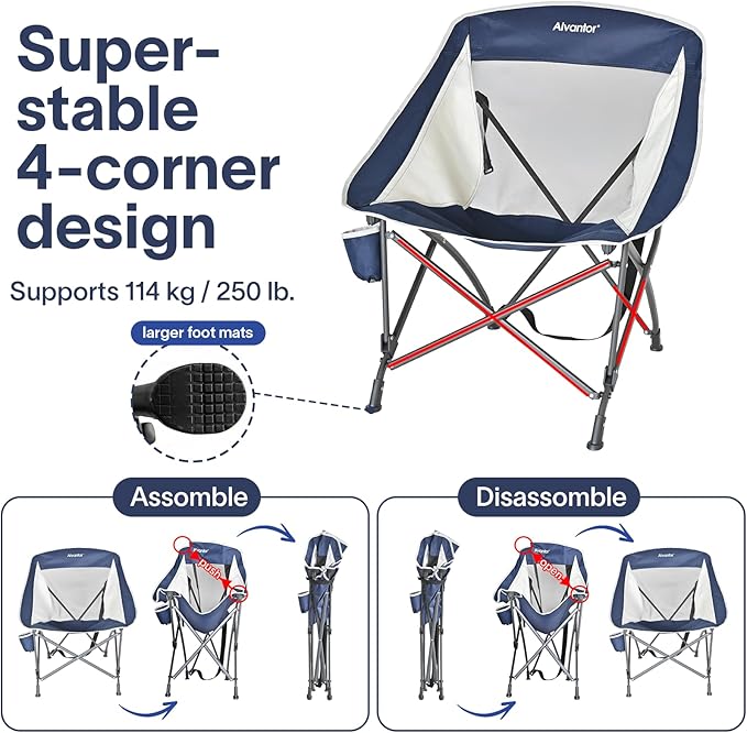 Alvantor Portable Folding Camping Chair, Heavy Duty Support Outdoor Chair with Breathable Mesh & Padded Seat, for Camping, Hiking, Sports and Outdoor Activities