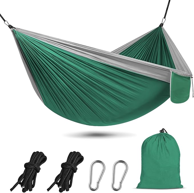 OBTANIM Camping Hammock 500lbs Portable Lightweight Single or Double Hammock with Tree Straps and Carry Bag for Camping Backpacking Hiking Travel Beach Outdoor Indoor (Grey and Dark Green)